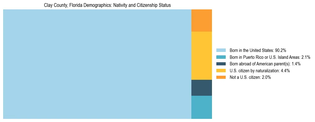 Treemap showing the population distribution by nativity and citizenship status in Clay County, Florida based on U.S. Census data.