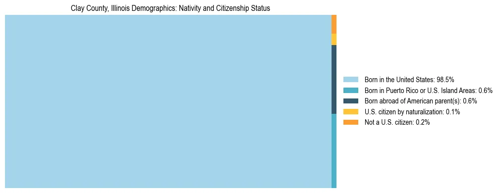 Treemap showing the population distribution by nativity and citizenship status in Clay County, Illinois based on U.S. Census data.