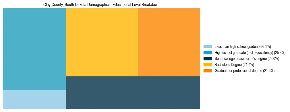 Treemap chart illustrating the educational attainment breakdown for population 25 years and over in Clay County, South Dakota.