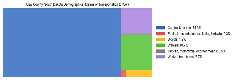 Treemap showing means of transportation to work distribution in Clay County, South Dakota.
