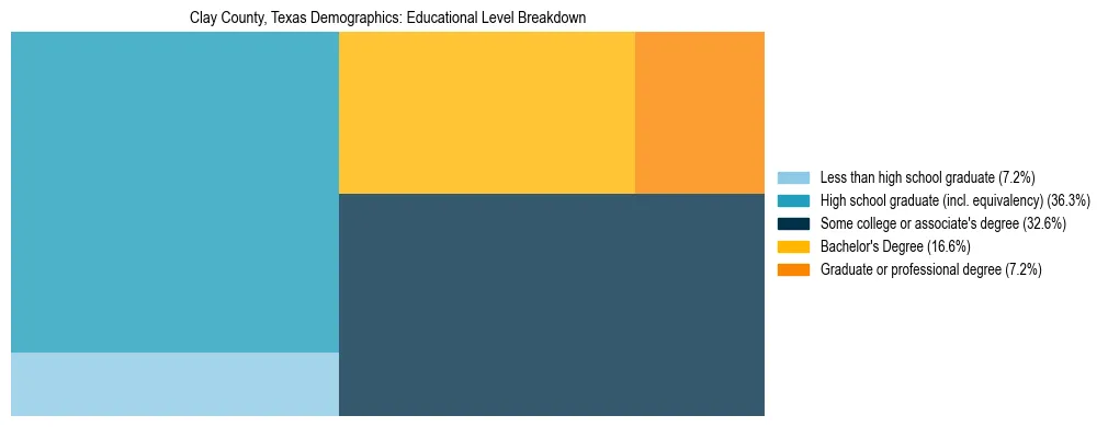 Treemap chart illustrating the educational attainment breakdown for population 25 years and over in Clay County, Texas.