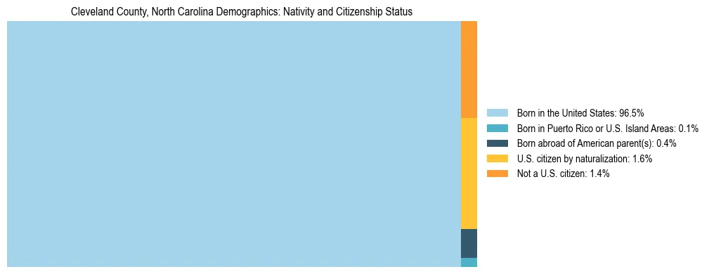 Treemap showing the population distribution by nativity and citizenship status in Cleveland County, North Carolina based on U.S. Census data.