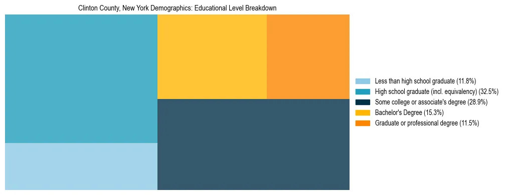 Treemap chart illustrating the educational attainment breakdown for population 25 years and over in Clinton County, New York.
