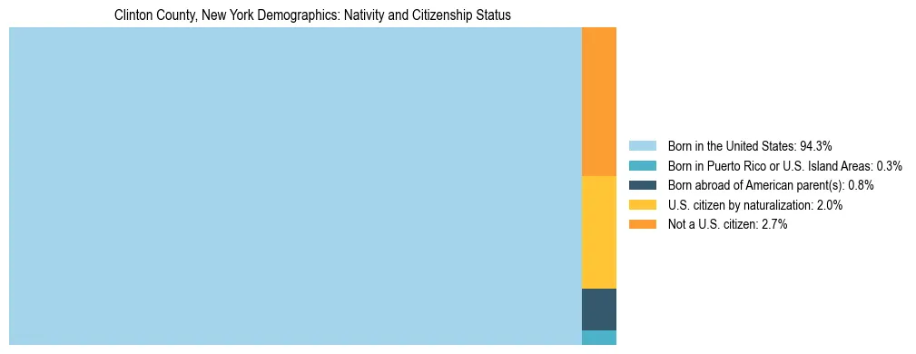 Treemap showing the population distribution by nativity and citizenship status in Clinton County, New York based on U.S. Census data.