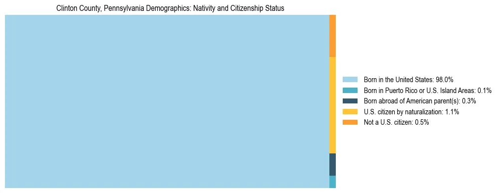 Treemap showing the population distribution by nativity and citizenship status in Clinton County, Pennsylvania based on U.S. Census data.