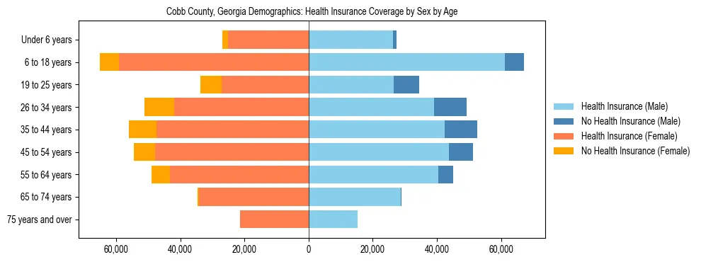 Pyramid chart showing health insurance coverage by age and sex in Cobb County, Georgia.