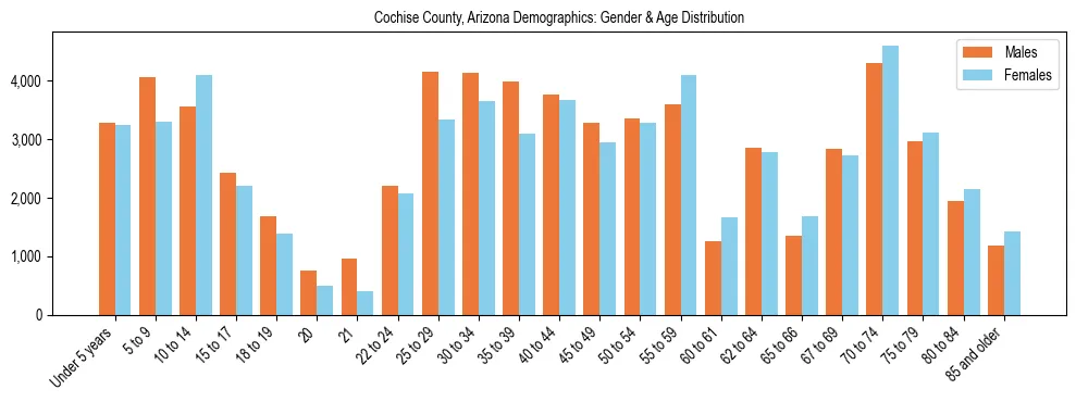 Bar chart showing the population distribution of Cochise County, Arizona by age group and gender, based on 2023 ACS data.