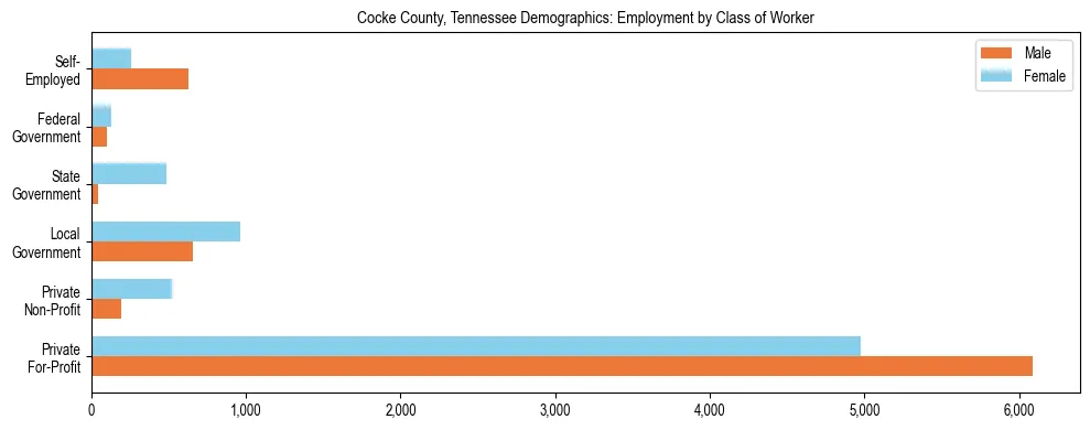 Horizontal bar chart showing employment distribution by class of worker and gender in Cocke County, Tennessee, based on 2023 ACS data.