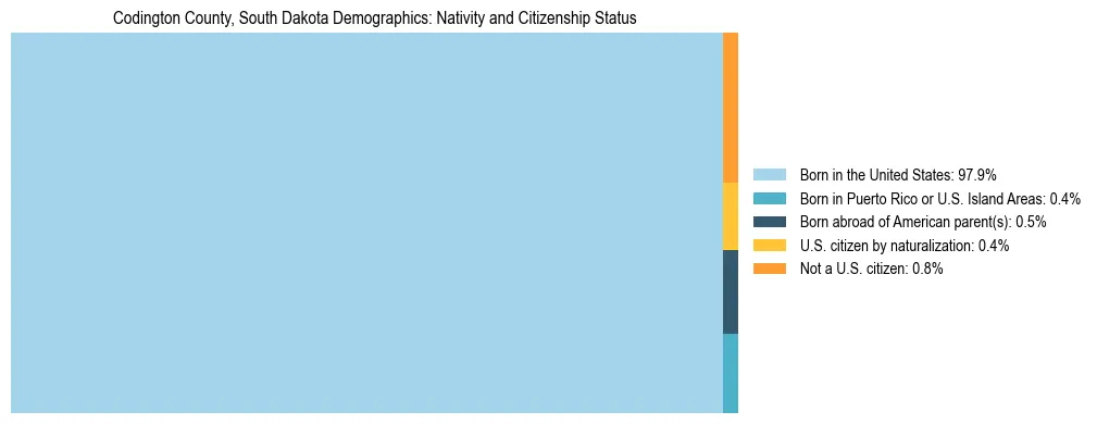 Treemap showing the population distribution by nativity and citizenship status in Codington County, South Dakota based on U.S. Census data.