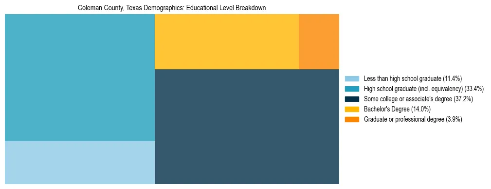 Treemap chart illustrating the educational attainment breakdown for population 25 years and over in Coleman County, Texas.