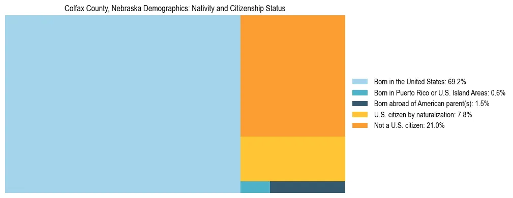 Treemap showing the population distribution by nativity and citizenship status in Colfax County, Nebraska based on U.S. Census data.