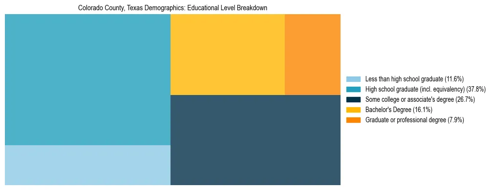 Treemap chart illustrating the educational attainment breakdown for population 25 years and over in Colorado County, Texas.