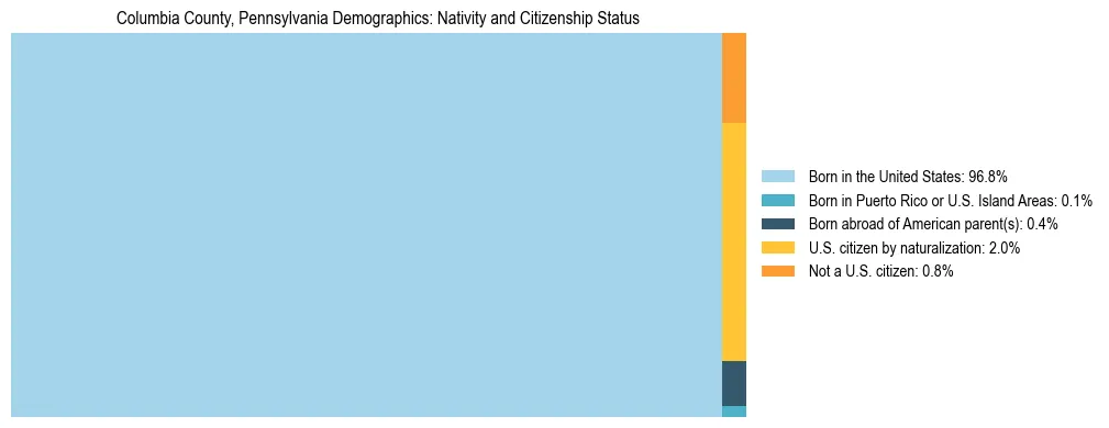 Treemap showing the population distribution by nativity and citizenship status in Columbia County, Pennsylvania based on U.S. Census data.