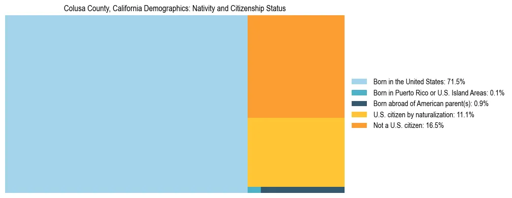 Treemap showing the population distribution by nativity and citizenship status in Colusa County, California based on U.S. Census data.