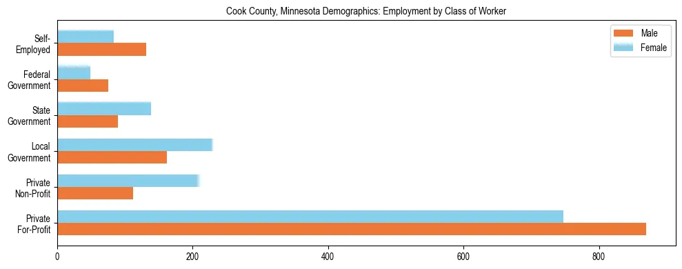 Horizontal bar chart showing employment distribution by class of worker and gender in Cook County, Minnesota, based on 2023 ACS data.