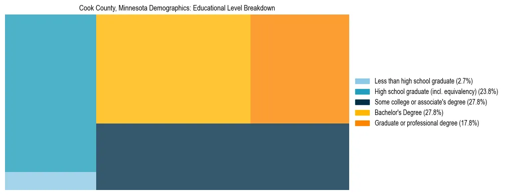 Treemap chart illustrating the educational attainment breakdown for population 25 years and over in Cook County, Minnesota.