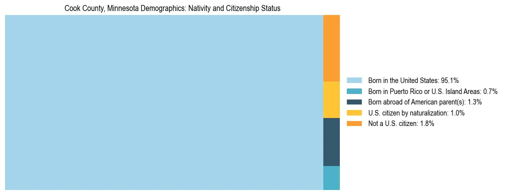 Treemap showing the population distribution by nativity and citizenship status in Cook County, Minnesota based on U.S. Census data.