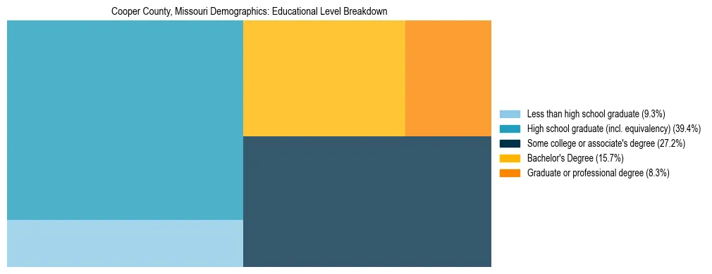 Treemap chart illustrating the educational attainment breakdown for population 25 years and over in Cooper County, Missouri.