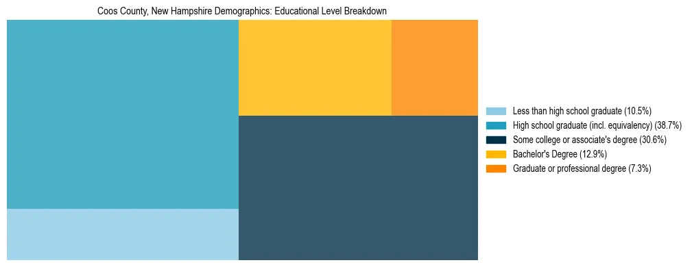 Treemap chart illustrating the educational attainment breakdown for population 25 years and over in Coos County, New Hampshire.