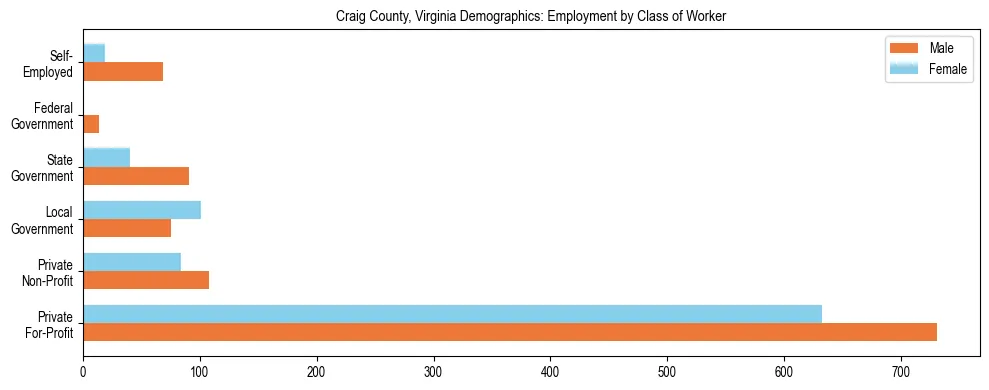 Horizontal bar chart showing employment distribution by class of worker and gender in Craig County, Virginia, based on 2023 ACS data.