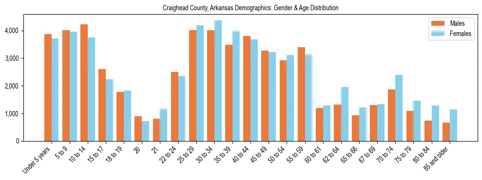 Bar chart showing the population distribution of Craighead County, Arkansas by age group and gender, based on 2023 ACS data.