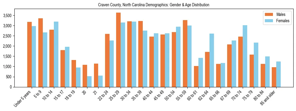 Bar chart showing the population distribution of Craven County, North Carolina by age group and gender, based on 2023 ACS data.