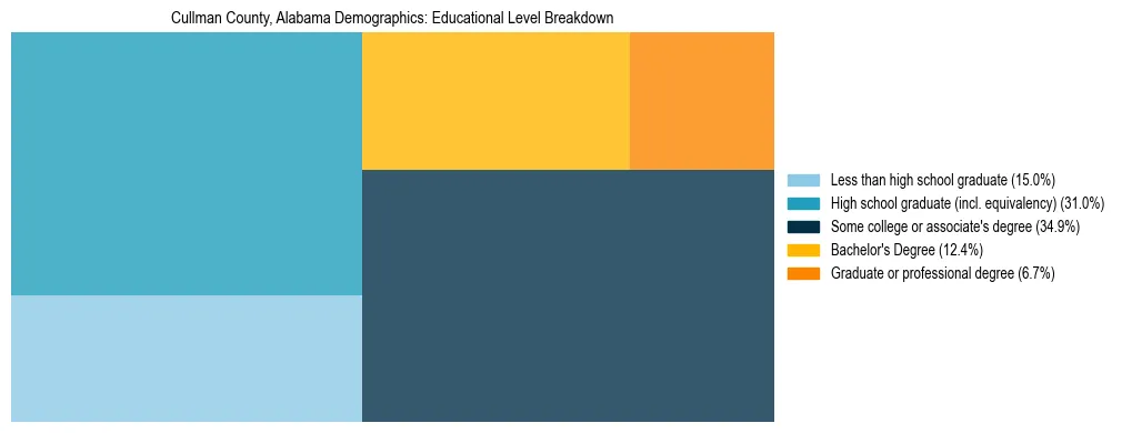 Treemap chart illustrating the educational attainment breakdown for population 25 years and over in Cullman County, Alabama.