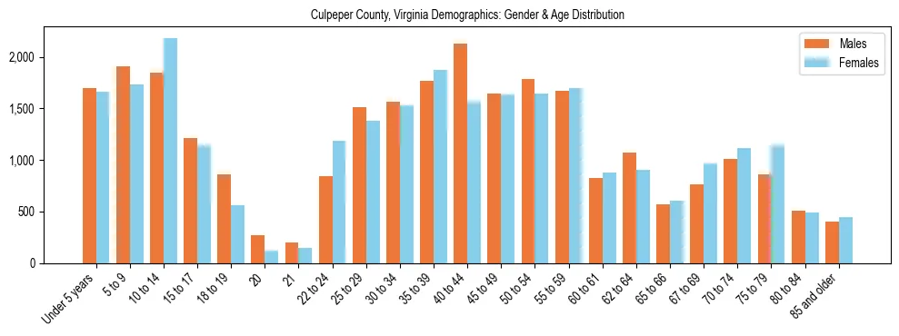 Bar chart showing the population distribution of Culpeper County, Virginia by age group and gender, based on 2023 ACS data.