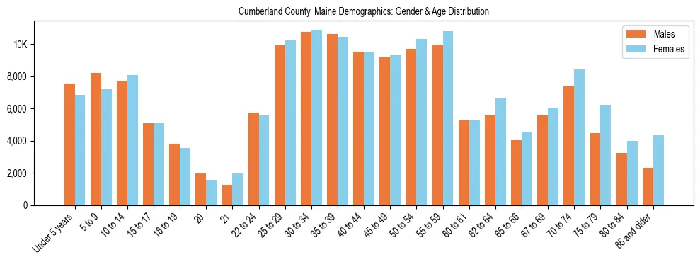 Population pyramid for Cumberland County, Maine showing male vs female age distribution based on 2023 ACS data.