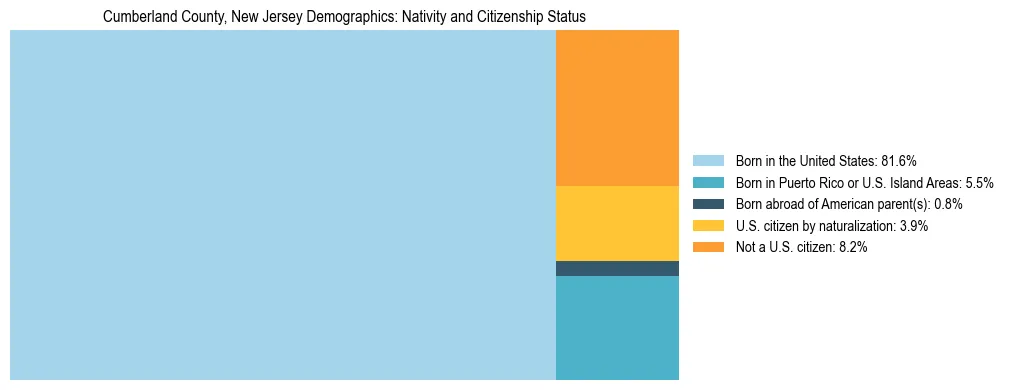 Treemap showing the population distribution by nativity and citizenship status in Cumberland County, New Jersey based on U.S. Census data.