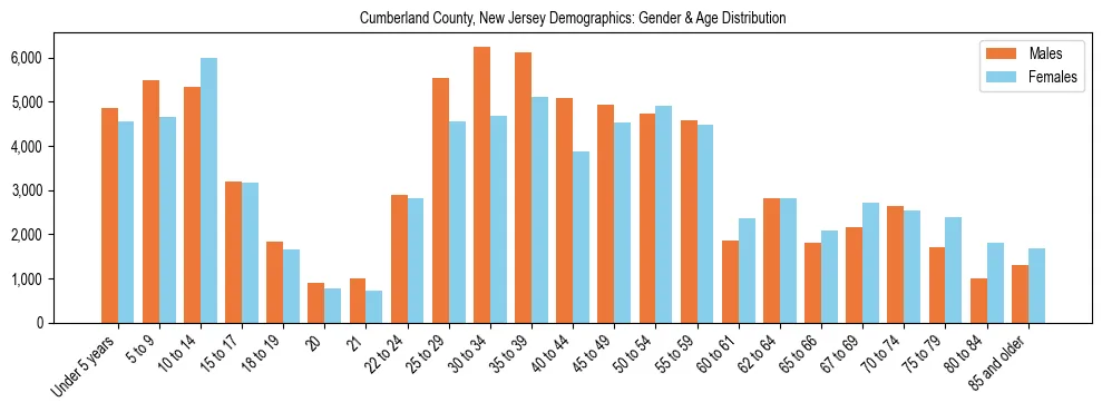 Bar chart showing the population distribution of Cumberland County, New Jersey by age group and gender, based on 2023 ACS data.