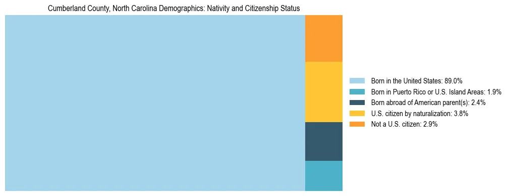 Treemap showing the population distribution by nativity and citizenship status in Cumberland County, North Carolina based on U.S. Census data.
