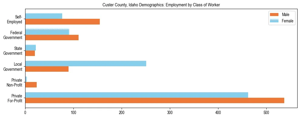 Horizontal bar chart showing employment distribution by class of worker and gender in Custer County, Idaho, based on 2023 ACS data.