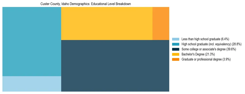 Treemap chart illustrating the educational attainment breakdown for population 25 years and over in Custer County, Idaho.