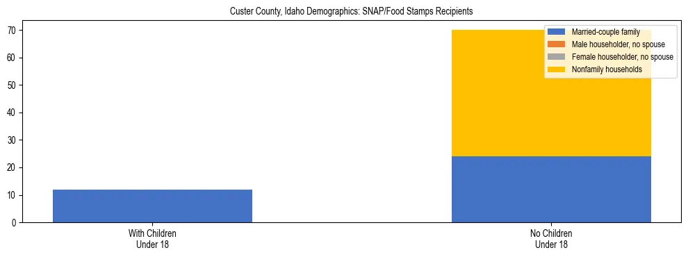 Stacked bar chart showing SNAP/Food Stamps recipient household composition by presence of children under 18 in Custer County, Idaho, based on 2023 ACS data.