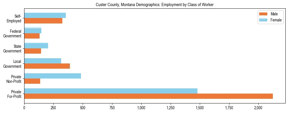 Horizontal bar chart showing employment distribution by class of worker and gender in Custer County, Montana, based on 2023 ACS data.
