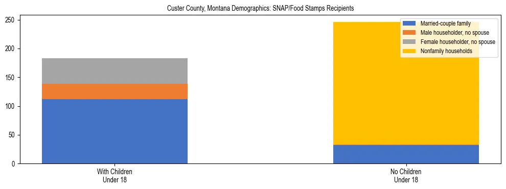 Stacked bar chart showing SNAP/Food Stamps recipient household composition by presence of children under 18 in Custer County, Montana, based on 2023 ACS data.