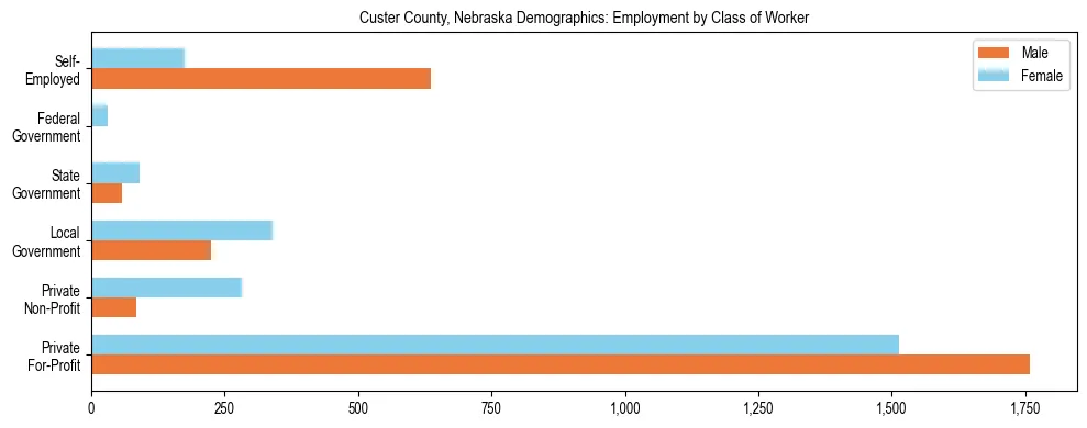 Horizontal bar chart showing employment distribution by class of worker and gender in Custer County, Nebraska, based on 2023 ACS data.