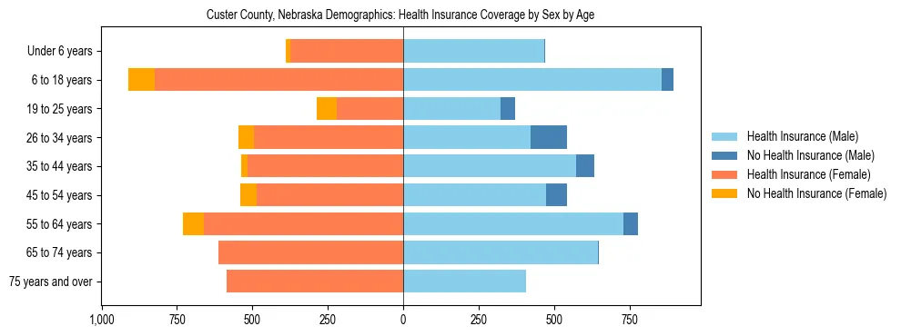 Pyramid chart showing health insurance coverage by age and sex in Custer County, Nebraska.