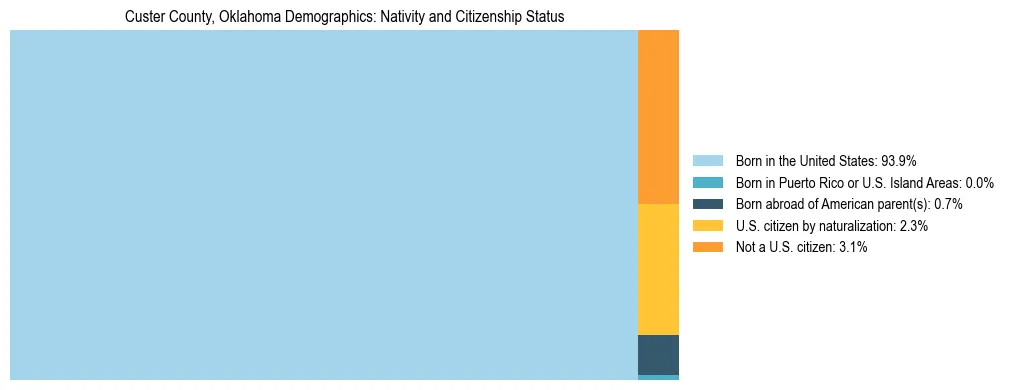 Treemap showing the population distribution by nativity and citizenship status in Custer County, Oklahoma based on U.S. Census data.