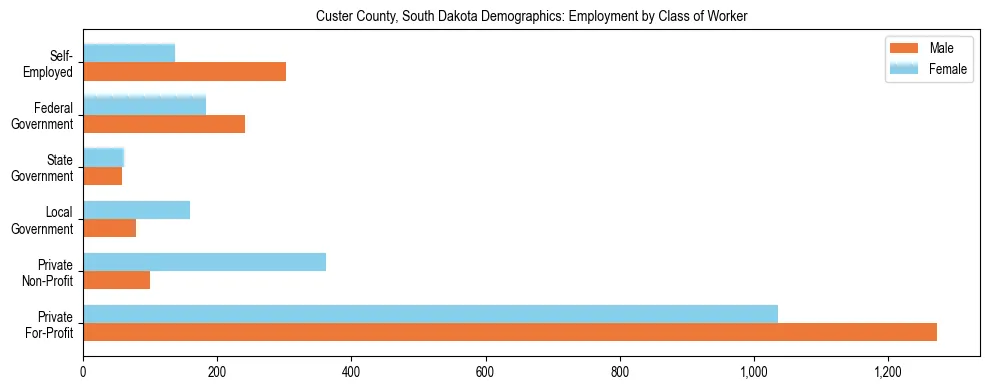Horizontal bar chart showing employment distribution by class of worker and gender in Custer County, South Dakota, based on 2023 ACS data.