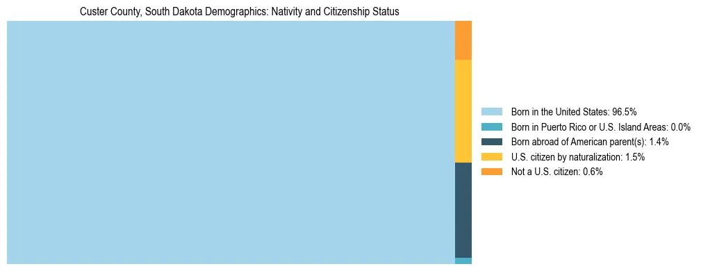 Treemap showing the population distribution by nativity and citizenship status in Custer County, South Dakota based on U.S. Census data.
