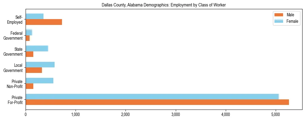 Horizontal bar chart showing employment distribution by class of worker and gender in Dallas County, Alabama, based on 2023 ACS data.