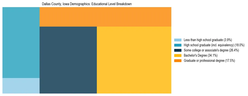 Treemap chart illustrating the educational attainment breakdown for population 25 years and over in Dallas County, Iowa.