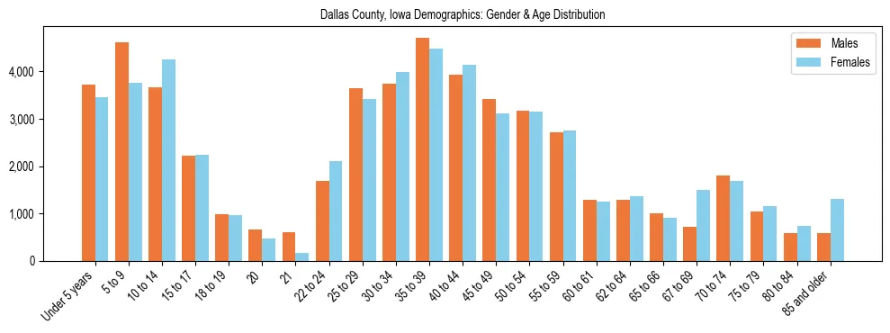 Bar chart showing the population distribution of Dallas County, Iowa by age group and gender, based on 2023 ACS data.