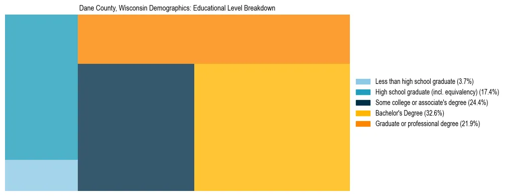 Treemap chart illustrating the educational attainment breakdown for population 25 years and over in Dane County, Wisconsin.