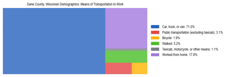 Treemap showing means of transportation to work distribution in Dane County, Wisconsin.