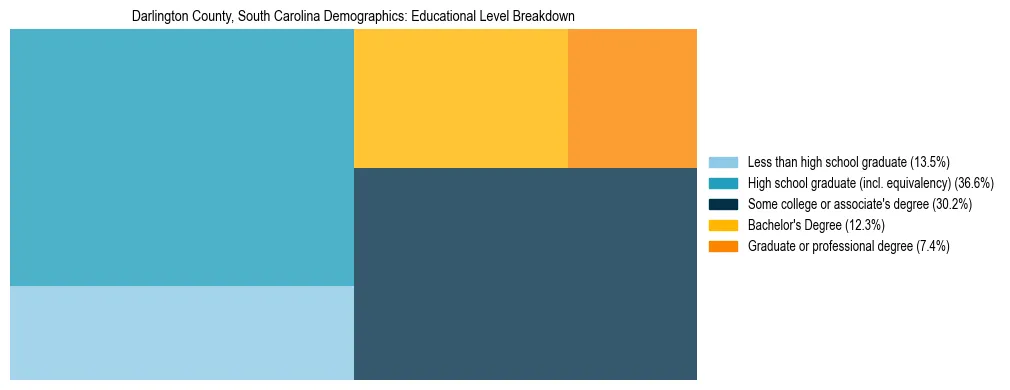 Treemap chart illustrating the educational attainment breakdown for population 25 years and over in Darlington County, South Carolina.