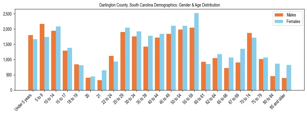 Bar chart showing the population distribution of Darlington County, South Carolina by age group and gender, based on 2023 ACS data.
