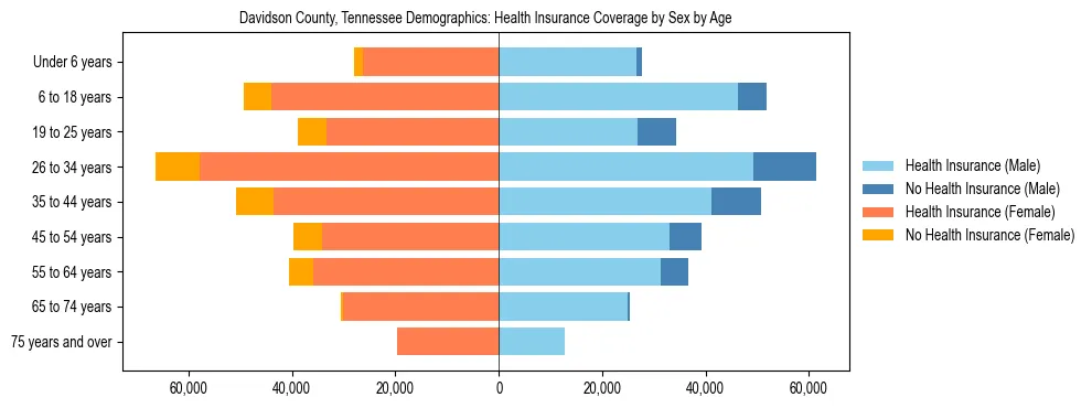 Pyramid chart showing health insurance coverage by age and sex in Davidson County, Tennessee.